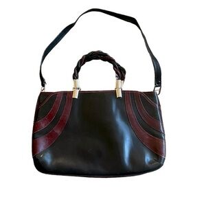 Vintage 60s Black & Red Leather Satchel Handbag Purse